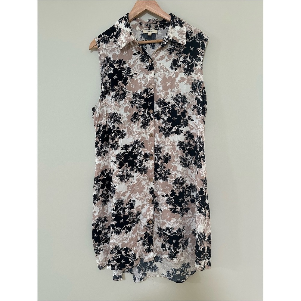 ☀️3/$15☀️Boho Cottagecore Como Blu Tunic Dress L Black Taupe Floral Buttons